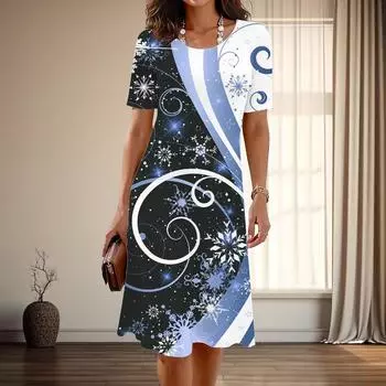 Женская мода изящный принт снежинки лето весна короткий рукав О-образный вырез повседневные платья XS синий