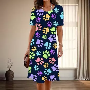 Женская мода изящный принт собачьих когтей лето весна короткий рукав О-образный вырез повседневные платья XS синий