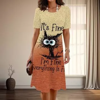 Женская мода изящный принт жареного котенка лето весна короткий рукав О-образный вырез повседневные платья XS синий