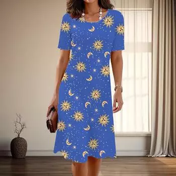 Женская мода изящный принт звезды и луны лето весна короткий рукав О-образный вырез повседневные платья XS синий