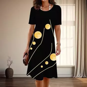 Женская мода изящный простой принт лето весна короткий рукав О-образный вырез повседневные платья XS синий