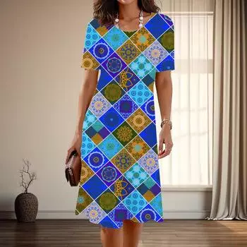 Женская мода изящный ретро клетчатый узор с принтом лето весна короткий рукав О-образный вырез повседневные платья XS синий