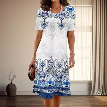 Женская мода изящный ретро полосатый принт лето весна короткий рукав О-образный вырез повседневные платья XS зелёный