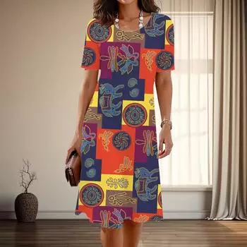 Женская мода изящный ретро принт лето весна короткий рукав О-образный вырез повседневные платья XS синий