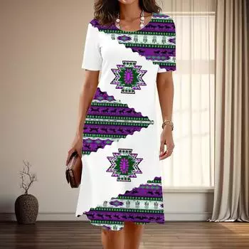 Женская мода изящный ретро принт лето весна короткий рукав О-образный вырез повседневные платья XS синий