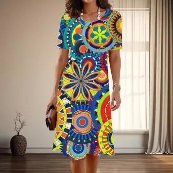 Женская мода изящный ретро узор принт лето весна короткий рукав О-образный вырез повседневные платья XS синий