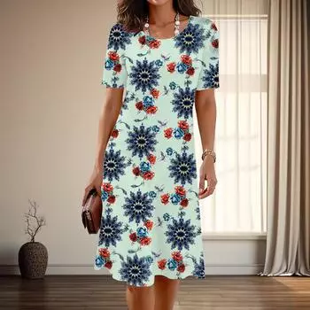 Женская мода изящный ретро узор принт лето весна короткий рукав О-образный вырез повседневные платья XS синий