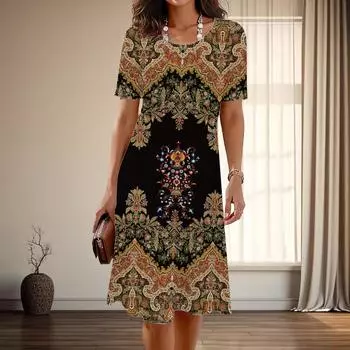 Женская мода изящный ретро узор принт лето весна короткий рукав О-образный вырез повседневные платья XS красный