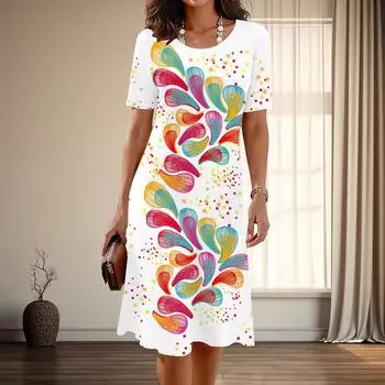 Женская мода изящный ретро узор принт лето весна короткий рукав О-образный вырез повседневные платья XS синий