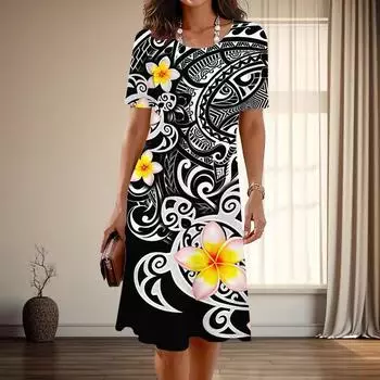 Женская мода изящный рисунок принт лето весна короткий рукав О-образный вырез повседневные платья XS синий