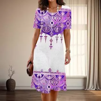 Женская мода изящный рисунок принт лето весна короткий рукав О-образный вырез повседневные платья XS синий