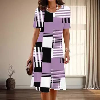 Женская мода изящный сетчатый узор с принтом лето весна короткий рукав О-образный вырез повседневные платья XS зелёный