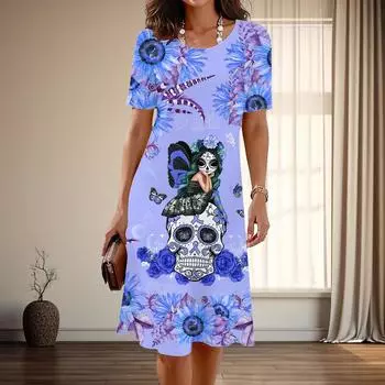 Женская мода изящный скелетный принт лето весна короткий рукав О-образный вырез повседневные платья XS синий