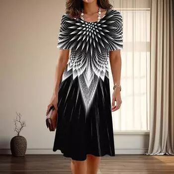 Женская мода изящный световой луч принт лето весна короткий рукав О-образный вырез повседневные платья XS фиолетовый