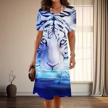 Женская мода изящный тигровый принт лето весна короткий рукав О-образный вырез повседневные платья XS синий