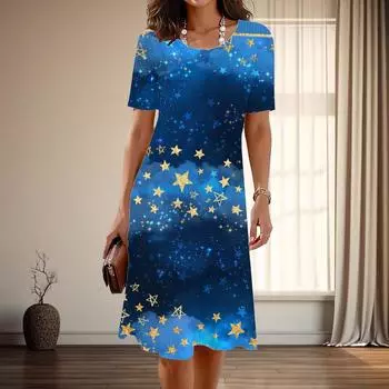 Женская мода изящный звездный принт лето весна короткий рукав О-образный вырез повседневные платья XS синий