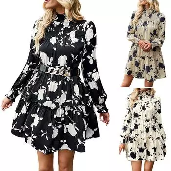 Женская мода Элегантное повседневное темпераментное элегантное платье с длинным рукавом Свободная юбка Женская S чёрный