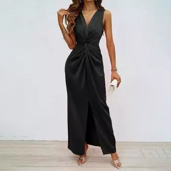 Женская мода Элегантные тонкие платья без рукавов с v-образным вырезом и разрезом L чёрный
