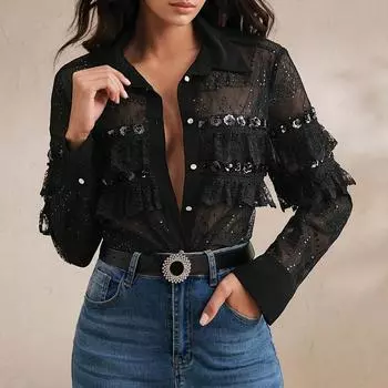 Женская Мода Элегантный Лоскутный Волан Кружево Блестки Отделка Многослойная Прозрачная Блузка Топ L