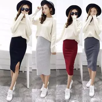 Женская мода Юбки Пакет Хип Сплит Чистый цвет Трикотажная хлопковая тонкая юбка one size темно серый