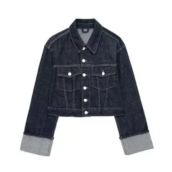 Женская мода карманы джинсовые синие однобортные куртки винтажный воротник с лацканами длинные рукава женские шикарные женские наряды L темно-синий