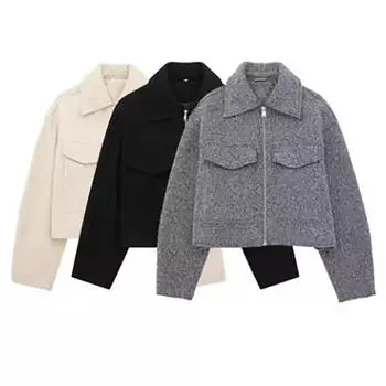 Женская мода Карманы Серые куртки с застежкой-молнией спереди Винтажный воротник с лацканами Длинные рукава Шикарные женские наряды L белый