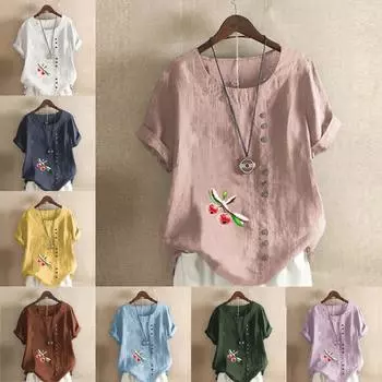 Женская мода китайский боярышник печать круглый вырез короткий рукав футболка повседневная хлопок лен графическая рубашка досуг свободные летние блузки топы S розовый