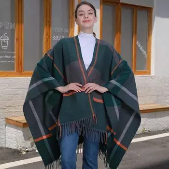 Женская мода классическая полосатая клетчатая шаль осень-зима теплая утолщенная вязаная кардиган кашемировая накидка