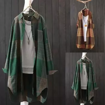 Женская мода клетчатый свободный повседневный кардиган тонкая верхняя рубашка солнцезащитная куртка топ L кофейный