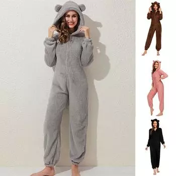 Женская мода, комбинезон с капюшоном и длинными рукавами, пижамы, повседневные зимние теплые однотонные комбинезоны с милым медведем, женская домашняя одежда, верхняя одежда S кофейный