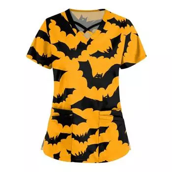 Женская мода Комбинезон с V-образным вырезом и короткими рукавами Топы с принтом на Хэллоуин с двойным карманом Одежда M оранжевый