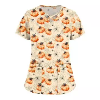 Женская мода Комбинезон с V-образным вырезом и короткими рукавами Топы с принтом на Хэллоуин с двойным карманом Одежда XXL бежевый