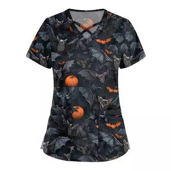 Женская мода Комбинезоны с перекрестным V-образным вырезом и короткими рукавами Двойные карманы Топы с принтом на Хэллоуин Униформа XL тёмно-синий