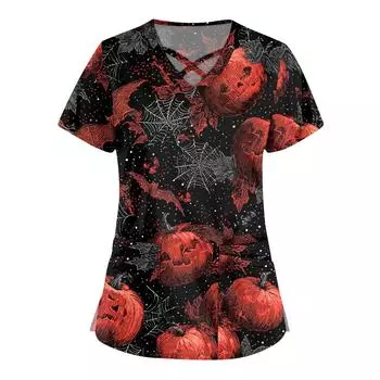 Женская мода Комбинезоны с перекрестным V-образным вырезом и короткими рукавами Двойные карманы Топы с принтом на Хэллоуин Униформа XXXL