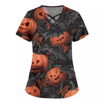 Женская мода Комбинезоны с перекрестным V-образным вырезом и короткими рукавами Двойные карманы Топы с принтом на Хэллоуин Униформа M