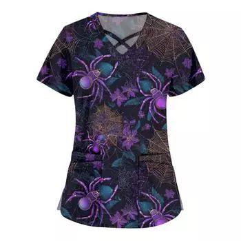 Женская мода Комбинезоны с перекрестным V-образным вырезом и короткими рукавами Двойные карманы Топы с принтом на Хэллоуин Униформа XXL