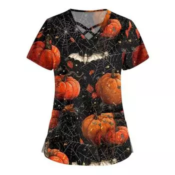 Женская мода Комбинезоны с перекрестным V-образным вырезом и короткими рукавами Двойные карманы Топы с принтом на Хэллоуин Униформа XL чёрный