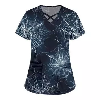 Женская мода Комбинезоны с перекрестным V-образным вырезом и короткими рукавами Двойные карманы Топы с принтом на Хэллоуин Униформа XXL синий