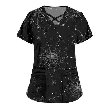 Женская мода Комбинезоны с перекрестным V-образным вырезом и короткими рукавами Двойные карманы Топы с принтом на Хэллоуин Униформа XXXXL чёрный