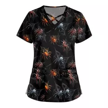 Женская мода Комбинезоны с перекрестным V-образным вырезом и короткими рукавами Двойные карманы Топы с принтом на Хэллоуин Униформа XXXXL чёрный