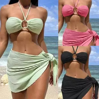 Женская мода, комплект бикини из 3 предметов, мягкий однотонный купальник с открытой спиной, сексуальный комплект купальников, топ с лямкой на шее, трусы с высоким вырезом и накидка на шнуровке, купальный костюм S