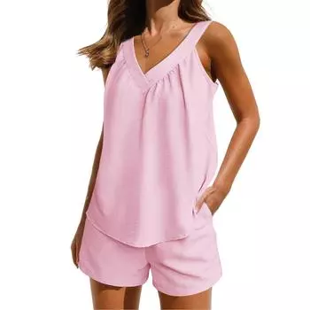 Женская мода, комплект из 2 предметов: однотонный топ без рукавов + шорты, комплект из двух предметов L розовый