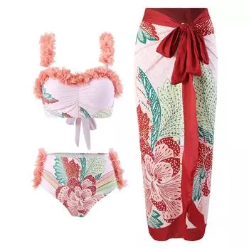 Женская мода, комплект из 3 предметов с лепестками, комплект купальников с мягкой спинкой, пуш-ап, верх с принтом, низ на шнуровке, накидной купальник, сексуальный летний пляжный купальный костюм S