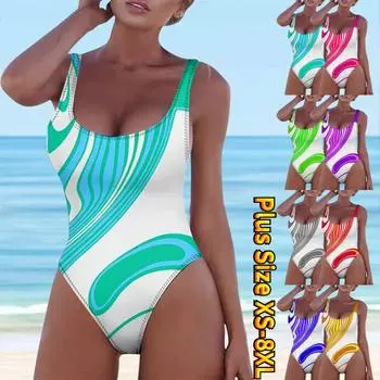 Женская мода Консервативная пляжная одежда Бикини 3D Радужный синий и белый контрастные цвета для создания прохладного ощущения Цельные купальные костюмы с принтом