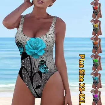 Женская мода, консервативная пляжная одежда, бикини с 3D радужным принтом, цельные купальные костюмы с принтом синих роз