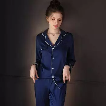 Женская мода корейская весна и осень пижама из ледяного шелка комплект домашней одежды для девочек простой комплект домашней одежды с длинными рукавами для пожилых людей M