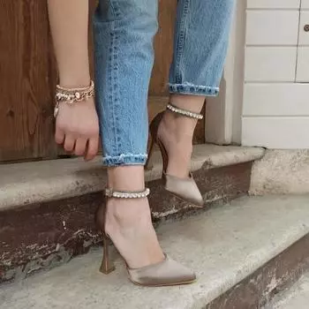 Женская мода коричневый атласный камень лодыжки 11 см браслет туфли на каблуках