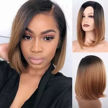 Женская мода Короткий прямой парик Боб без челки Ombre Черный Коричневый цвет Синтетическое волокно Парик длиной до плеч