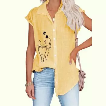 Женская мода кошачий принт рубашка без рукавов весна/лето повседневный тонкий топ с принтом женская блузка на пуговицах S белый