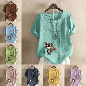 Женская мода кошка держит цветы напечатанная футболка с коротким рукавом свободная хлопковая рубашка повседневная свободная летняя блузка топы больших размеров S розовый